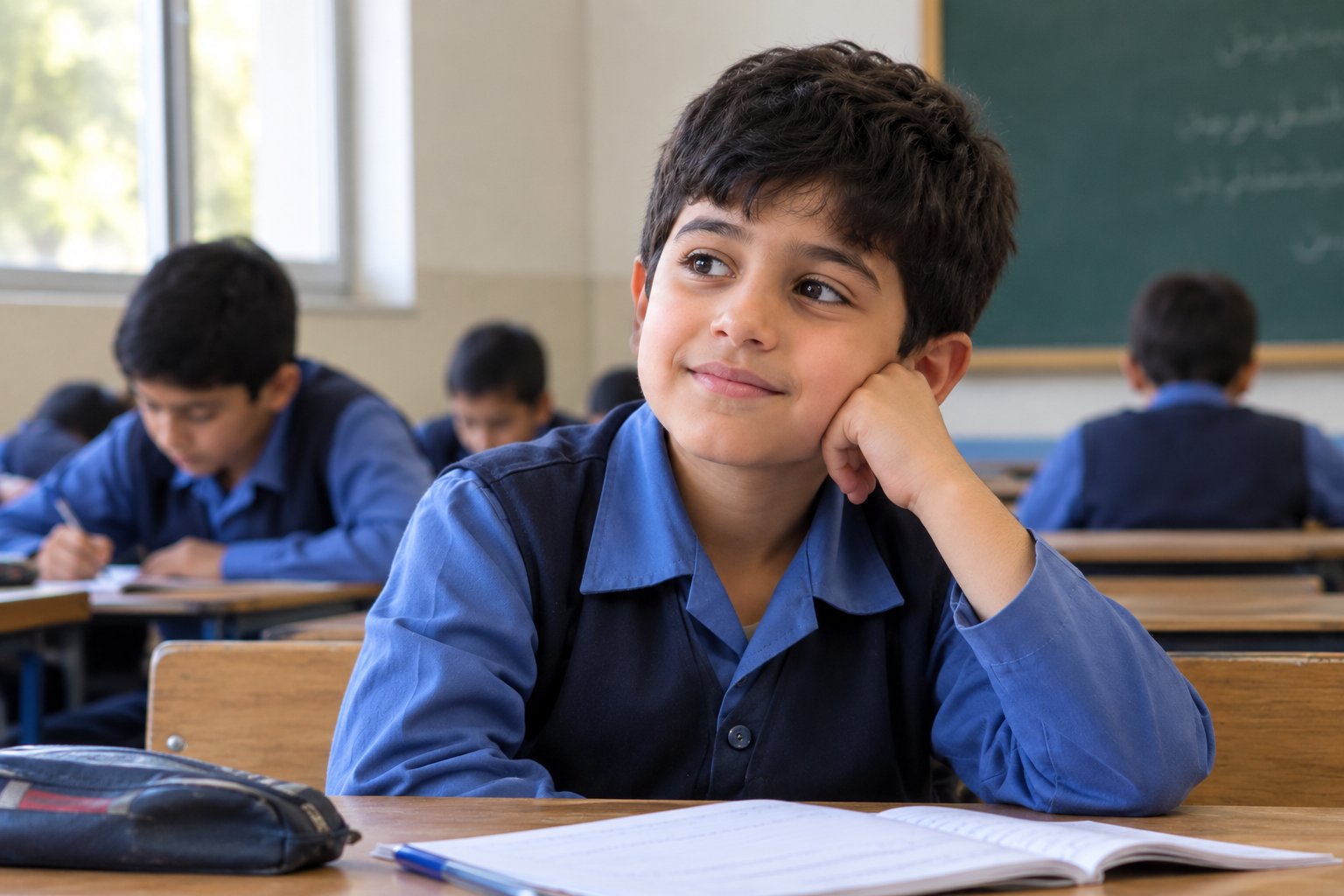 پسری در مدرسه نشسته و فکر میکند